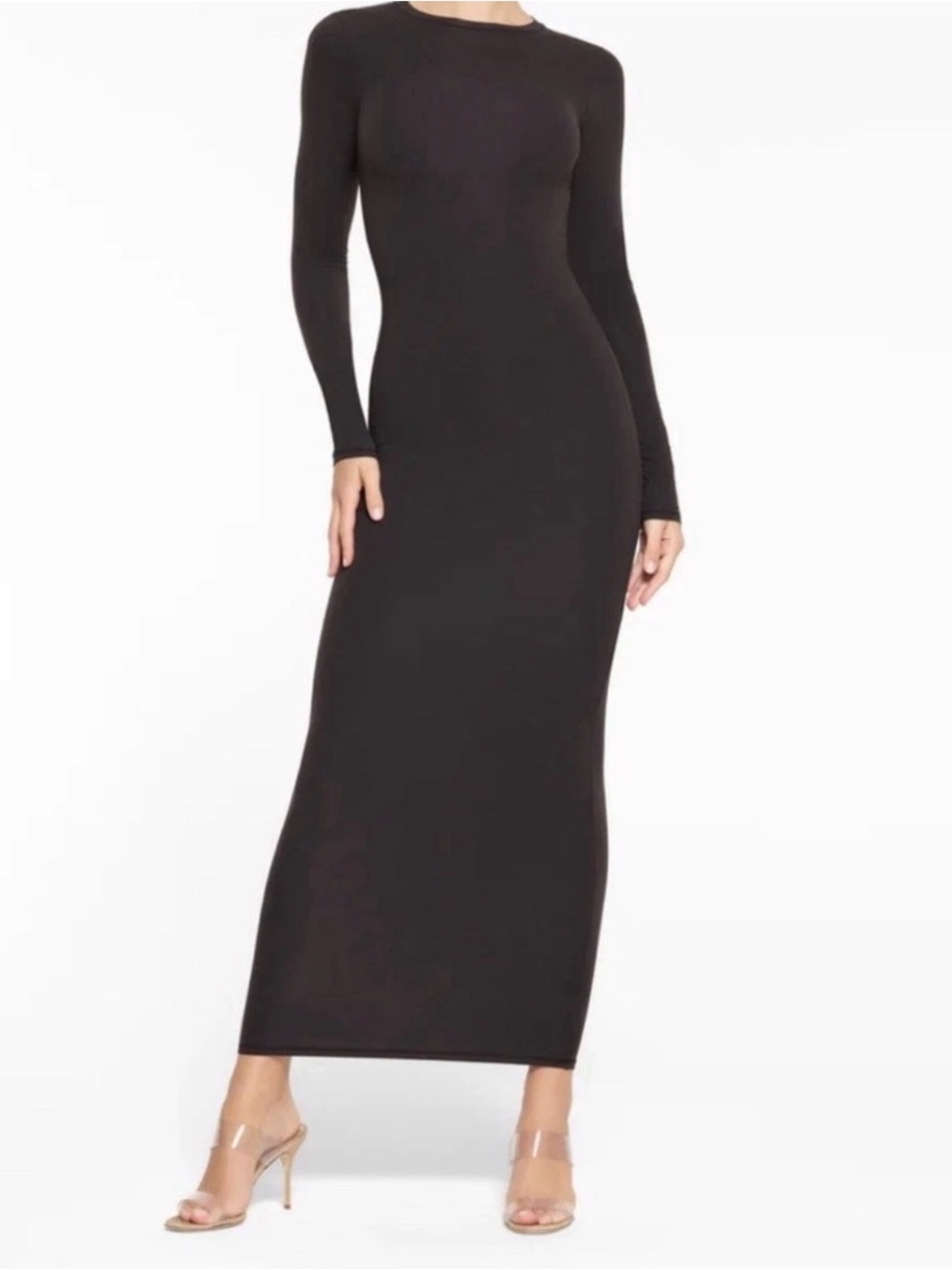 SKIMS Fits Everybody Long Sleeve Crewneck Maxi Dress Black Onyx Medium Snatched